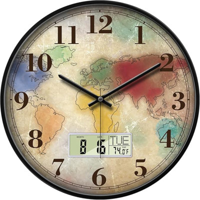Modern Round Retro Digital And Analog Wall Clock Silent Calendar World Map Vintage Clocks With Date And Temperature Week Quiet Non-Ticking Kid Room Office Kitchen Decor For Bedroom 14 Inch
