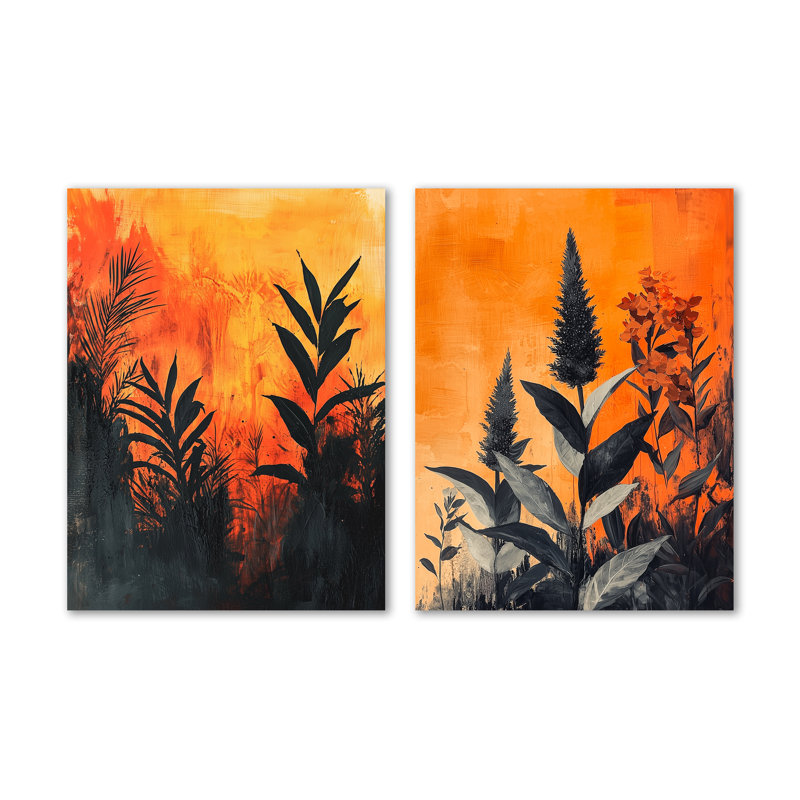 The Fiery Expressionism Tropical Forest I - Nature - grand ensemble de 2 impressions murales en métal, 32" H x 48" W