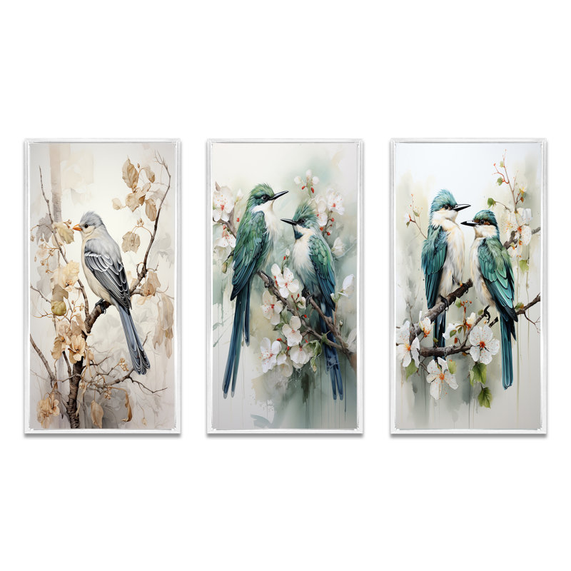 «Bird Silent Watcher», 3 pièces sur toile, Cadre blanc, H 40 po x l 60 po