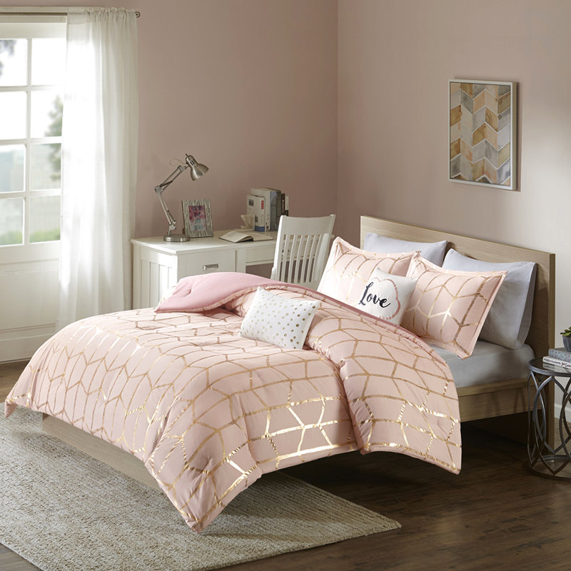 Couette rose poudré et or pour lit simple/simple XL, texture douce, style doré métallisé Charisma