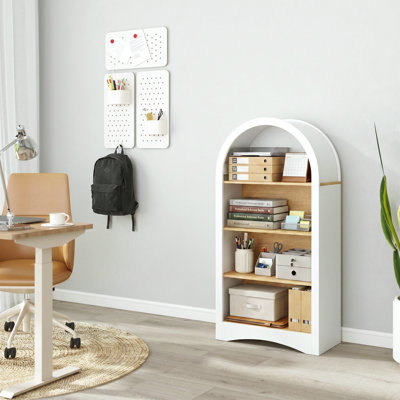 Présentoir autoportant de 47 po avec tablettes en grain de bois, armoire de rangement multifonctionnelle arquée, étagère ouverte à 4 niveaux, bibliothèque d'appoint pour petit salon, chambre à coucher, entrée, blanc