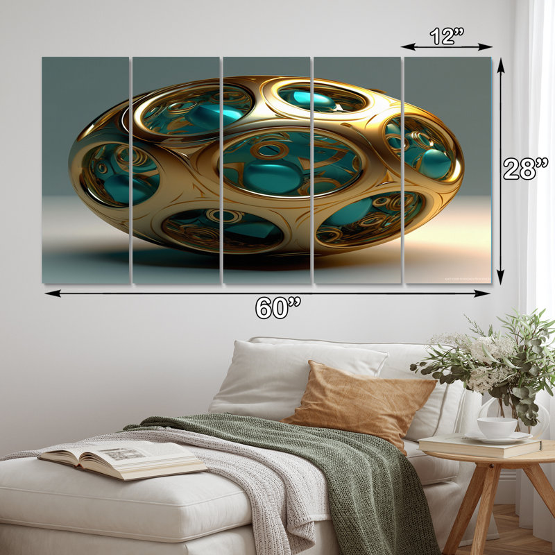 Confronting Infinity 3D Turquoise Gold Sphere II - impression abstraite sur toile fractale - 5 panneaux égaux