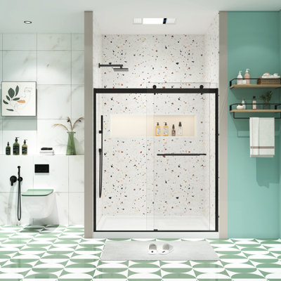 5/16" Tempered Glass Bypass Shower Door, Sliding, Matted Black, Leakage Function, Comfortable Sliding System, Easy Install Door With Glass, Stainless Steel Handle, Double