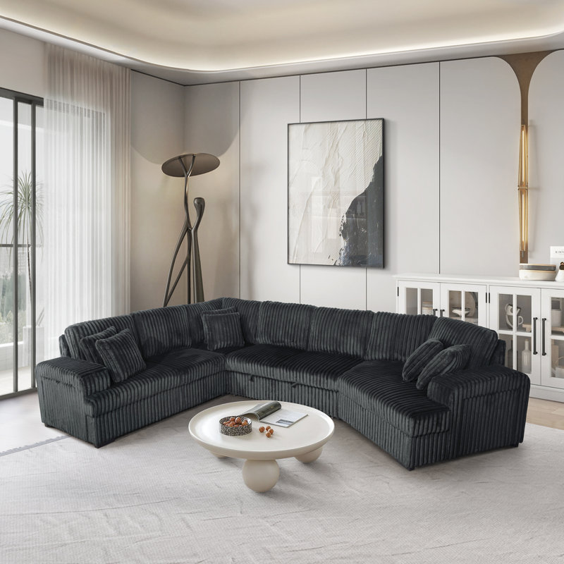 Canapé modulaire en velours côtelé chocolat avec accoudoirs et rangement USB + 6 coussins, Velours côtelé gris foncé
