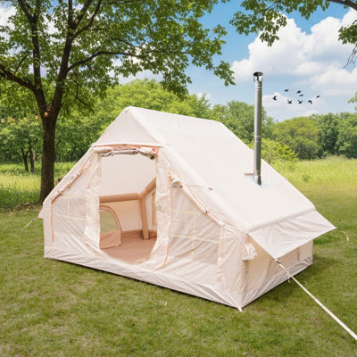 Tentes de camping gonflables avec pompe à main, tentes de glamping à l'air, tente de soufflage imperméable et coupe-vent facile à installer, tente de chalet 4 saisons Oxford avec fenêtre en filet et cheminée