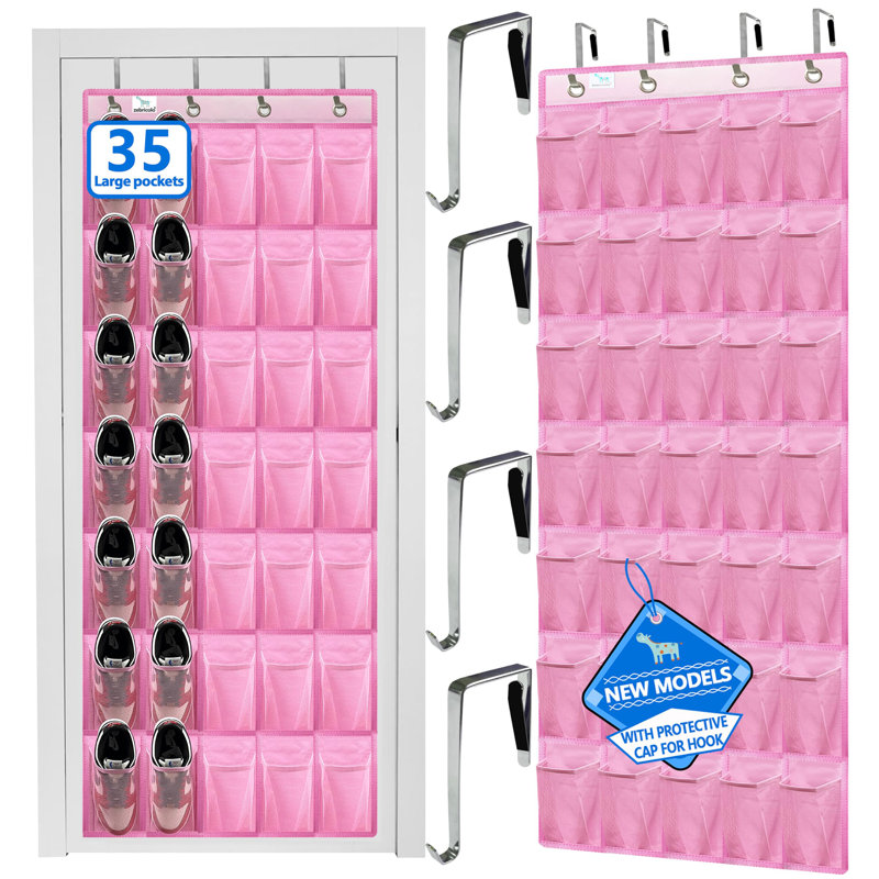 Over-the-Door Shoe Rack, 35 Large Pockets, Stores Size 13 Shoes, Sturdy Material, Hooks Fit All Doors, Pink