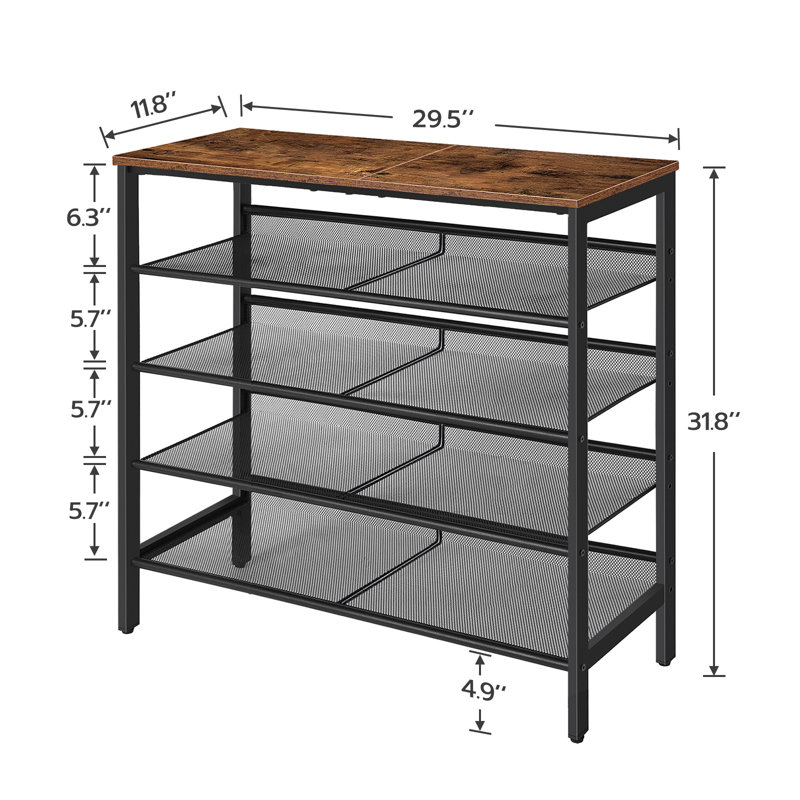 Metal 5-Tier 20 Pairs Shoe Rack, Rustic Brown