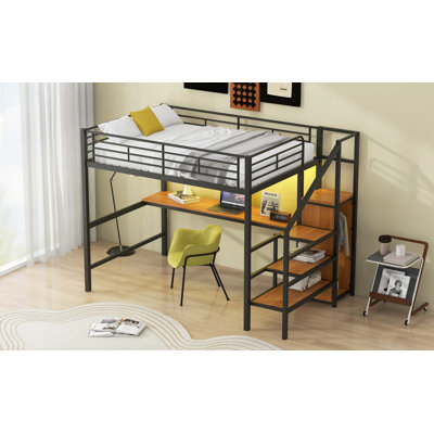 Lit mezzanine double en métal avec bureau, escalier de rangement, petite armoire et lumière DEL