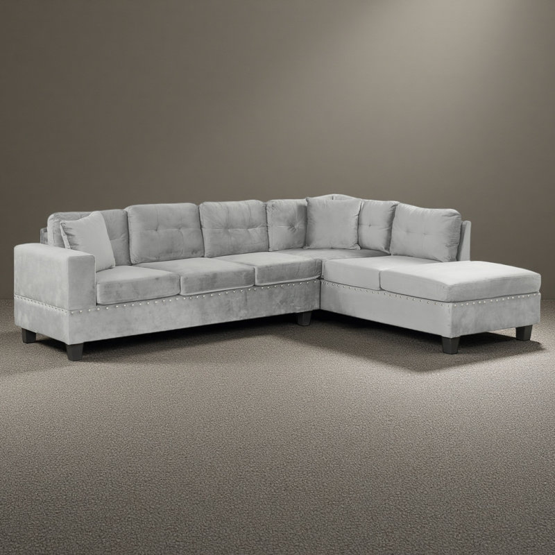 Canapé modulaire en L de 105 po avec repose-pieds et méridienne réversible de 105 po - canapé rembourré avec porte-gobelets, 2 coussins et garniture de rivet