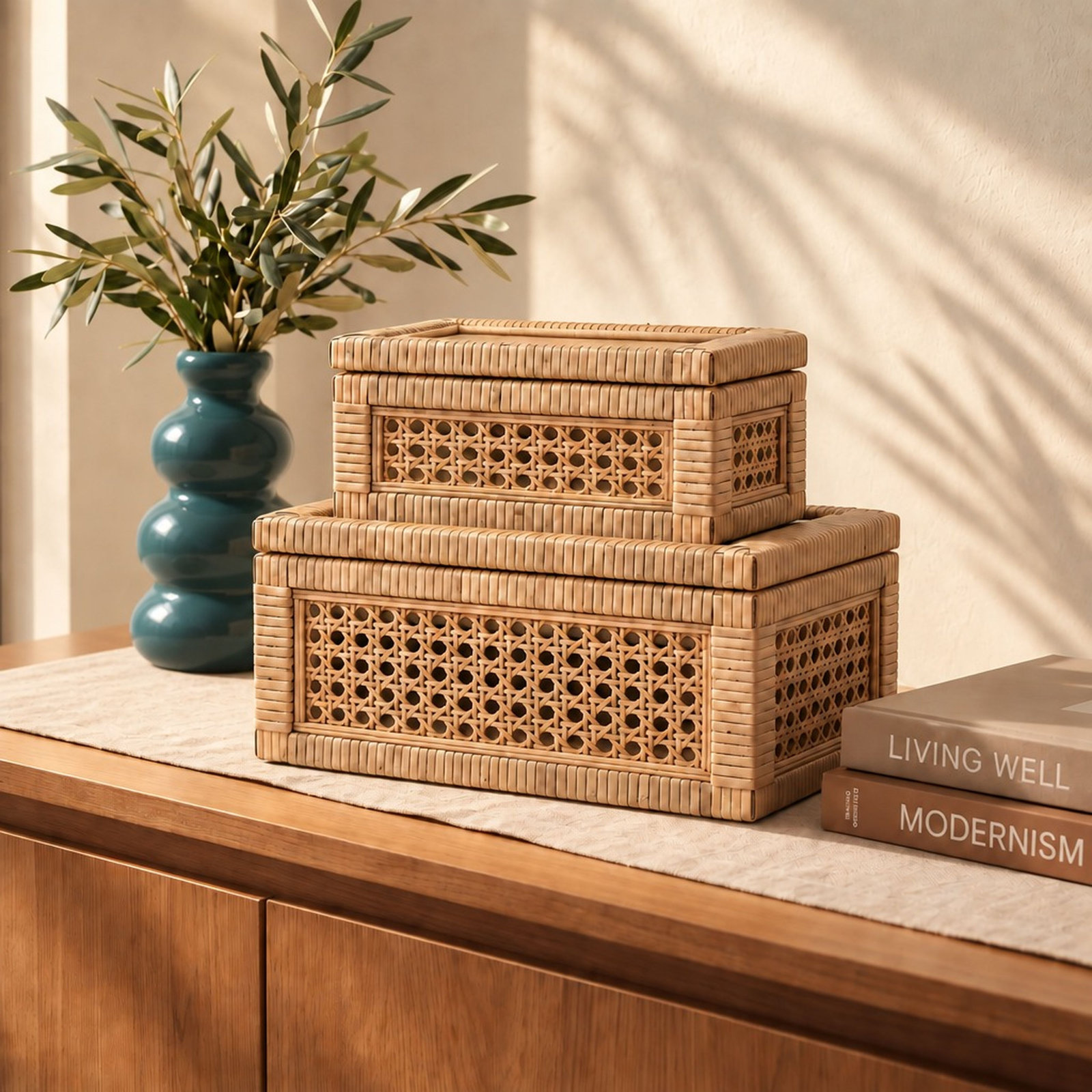 Edelie Woven Cane and Glass Box, 6" H x 12" W x 12" D, Natural