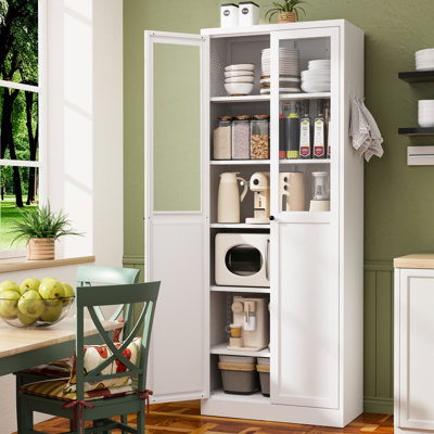 72" Metal Kitchen Pantry Cabinet With Doors & Shelves, Tall Heavy-Duty Adjustable Storage Organizer, Tool-Free Assembly Freestanding Cabinet For Living Room, Bathroom, White
