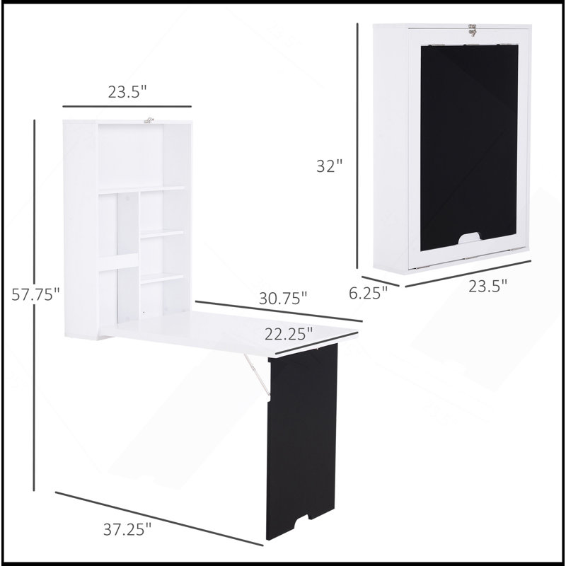Bureau mural pliable mural avec tableau noir, bureau flottant convertible pliable avec tablettes, blanc