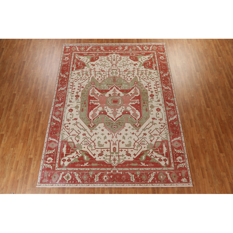 Tapis ivoire / rouge / vert en laine noué à la main de conception unique 10 po x 13 po Heriz (Serapi)