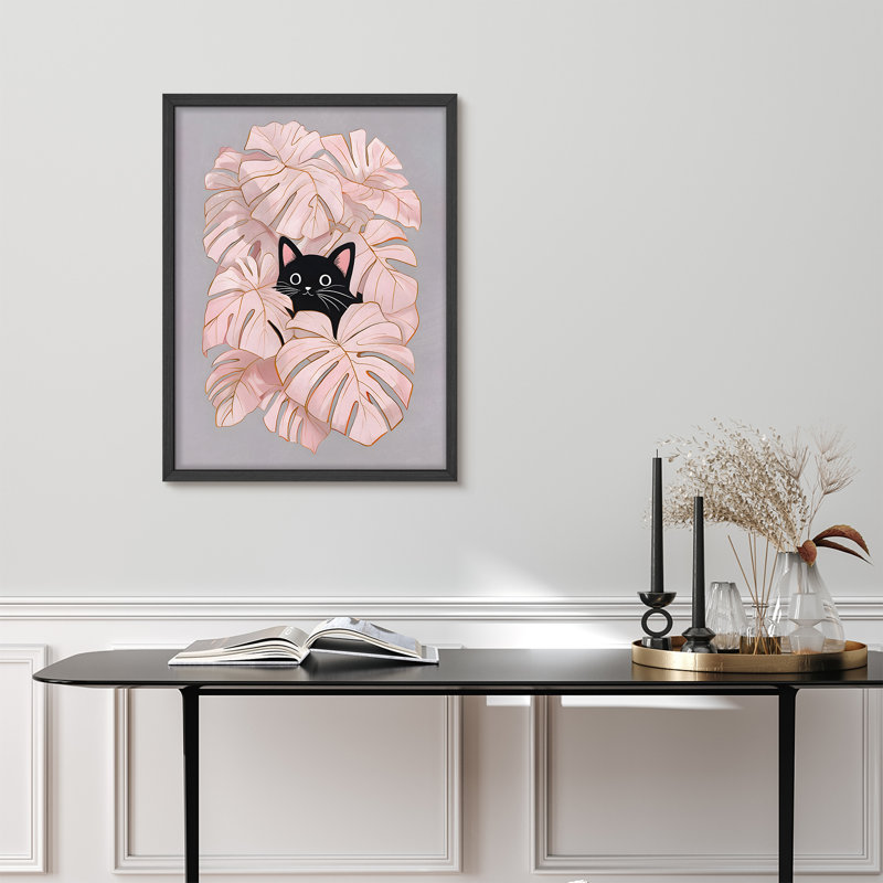 Affiche lumineuse encadrée de Monstera rose vif avec des impressions de chat mignon, H 14 po x l 11 po