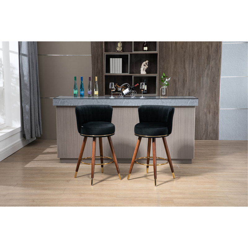 De 2 tabourets de bar à hauteur de comptoir, pieds en bois massif fixes à 360 °, repose-pieds pivotant et confortable, siège de style rétro avec coussin rembourré