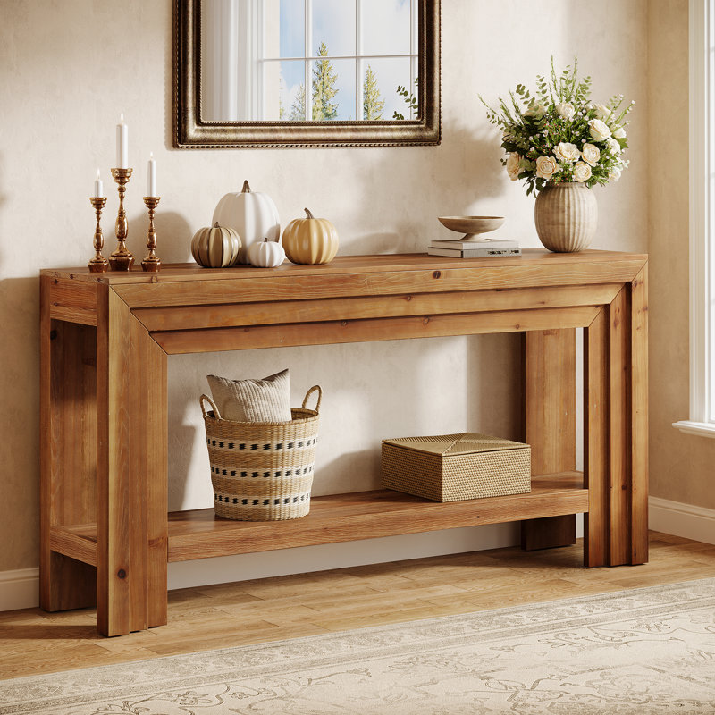 Console en bois massif avec tablette, canapé d'entrée de 63 po, brun