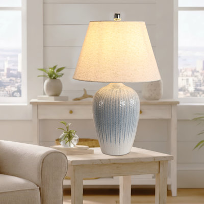 Lampe de table moderne en céramique bleu clair de 26,3 po de hauteur avec abat-jour en lin blanc, pour la chambre à coucher du salon, la table de chevet (ampoule non incluse)