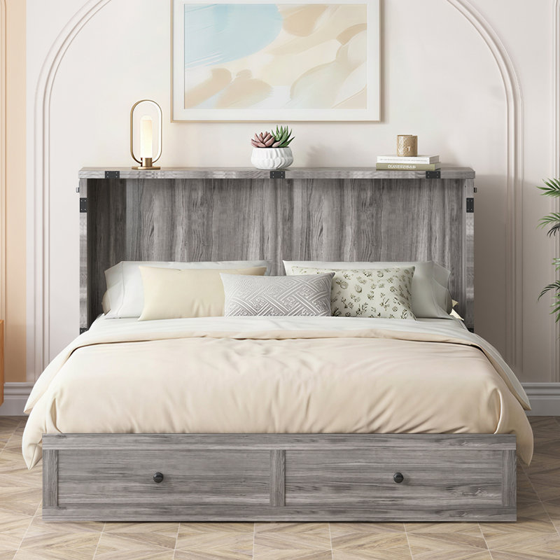 Full Size Murphy Bed Cabinet with Tri-fold Mattress & USB Charging, Grey, Full