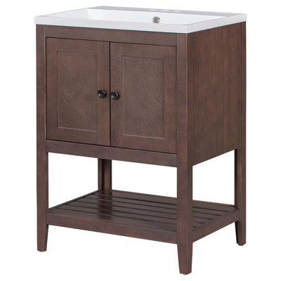 Lavabo de salle de bain moderne élégant en céramique 24 po avec tablette ouverte en bois massif