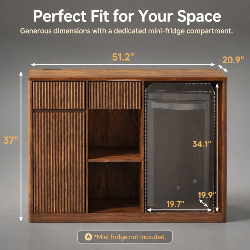 Buffet de 51 po avec rangement pour réfrigérateur, espace de chargement et support à vin, tablettes réglables pour la maison