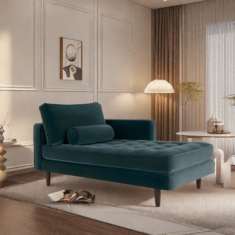 Velvet Chaise Longue with Solid Wood Legs, Left Hand Facing, Blue