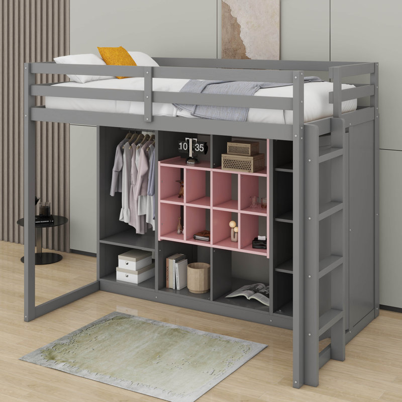 Twin Size  Loft Bed With Shelves,Cabinet And Wardrobe, Gray/Pink