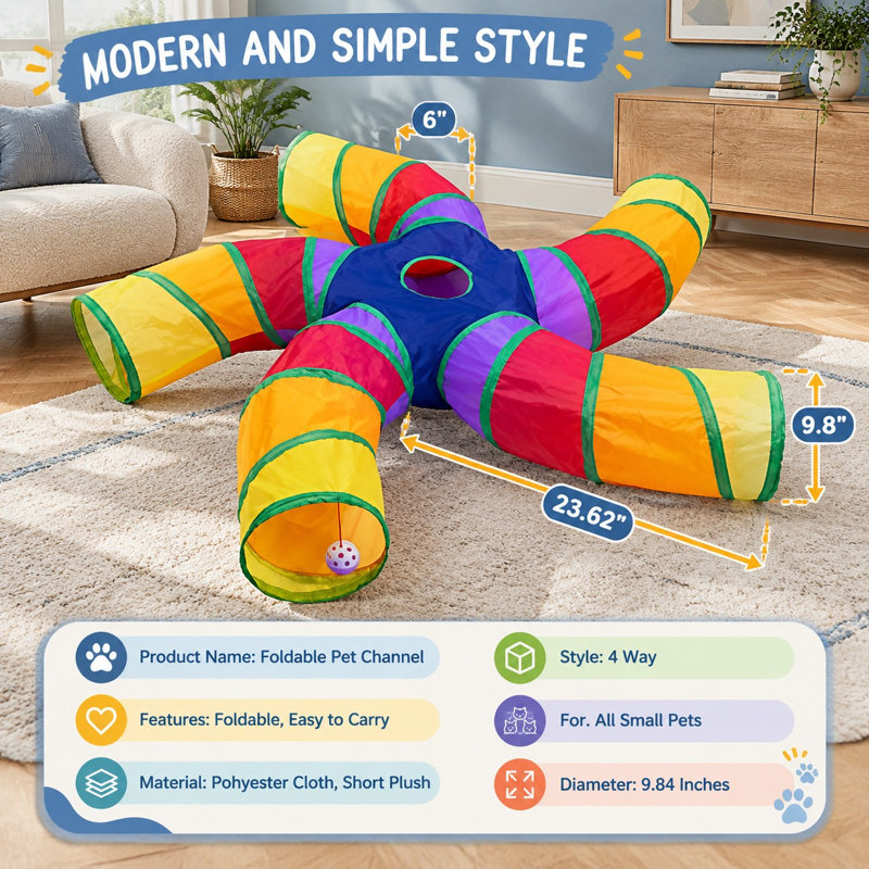 Une balle de jeu et un trou de regard interactif sont intégrés dans ce grand tunnel d'intérieur pliable en forme de S à 5 voies, adapté aux chiots, aux chatons, aux chatons et aux lapins.