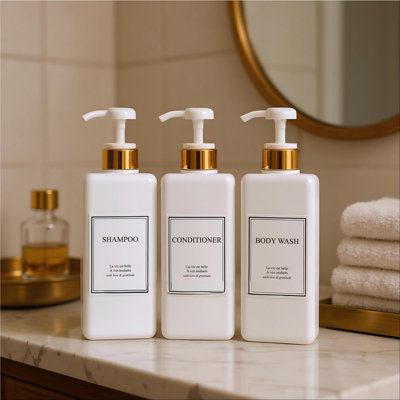 Distributeur de shampooing et revitalisant Modern Gold Design, grand distributeur de savon de douche 27 oz, ensemble de 3 bouteilles de pompe en plastique vides rechargeables pour la salle de bain et le corps (6 étiquettes imperméables incluses), blanc