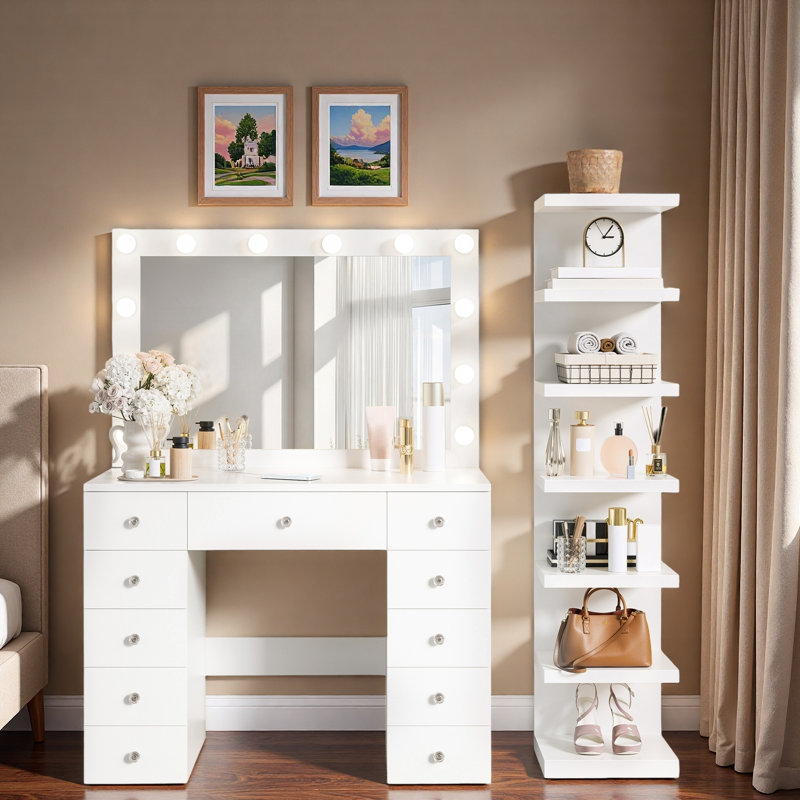 Meuble-lavabo avec 3 modes d'éclairage couleur, 11 ampoules Hollywood, prise de courant, tiroirs et tablettes de rangement à 7 niveaux