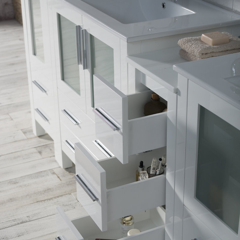 Ensemble de meuble-lavabo double 102 po - Armoire en bois massif, lavabos doubles en céramique, tiroirs à fermeture en douceur, armoire latérale, miroirs et tours en lin