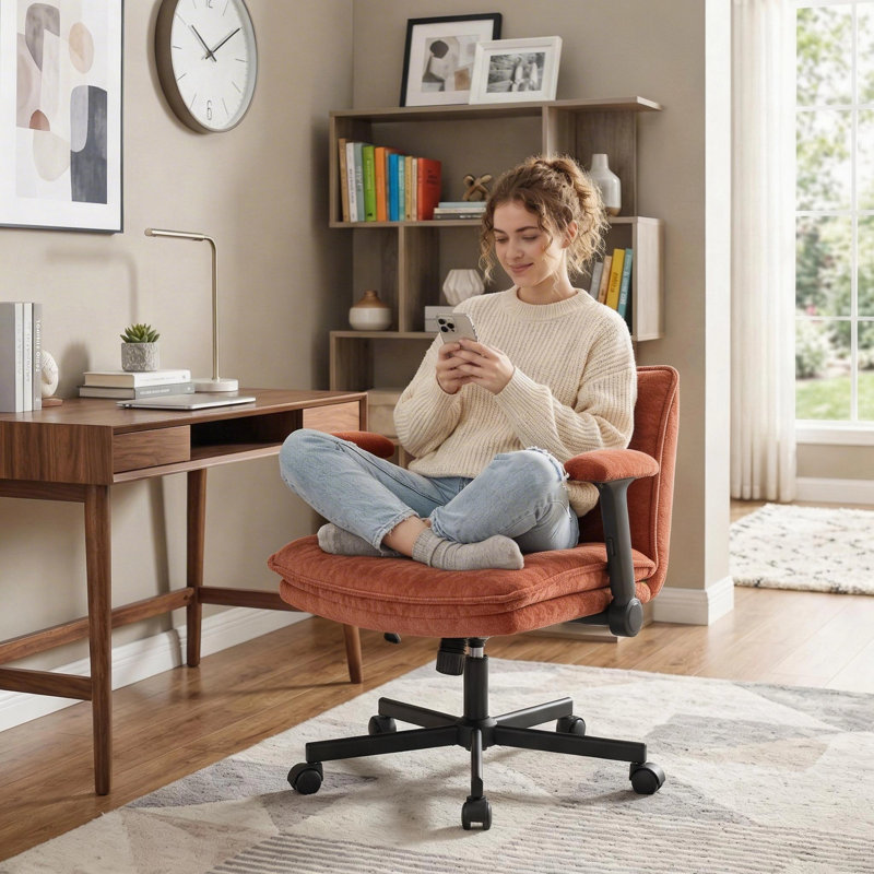 26" Wide Teddy Velvet Criss Cross Office Chair with Wheels, Cross-Legged Desk Chair with Flip-Up Height Adjustable Arms, Lumbar Support, Swivel Vanity Chair for Home Office, Bedroom, Study, 350 lbs
