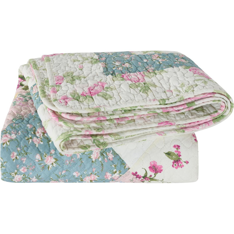 Gayle Cotton Patchwork Quilted Throw, Blue/Ivory/Pink Patchwork