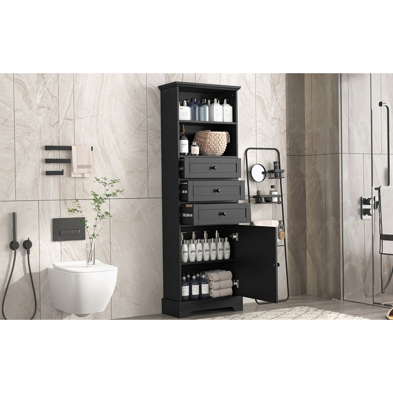 Grande armoire de rangement noire avec 3 tiroirs et tablettes réglables pour la salle de bain, Noir