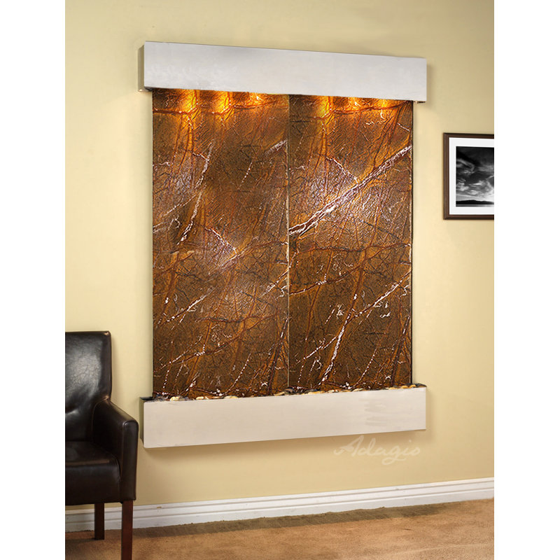Majestic River Natural Stone Fountain with Light, Rainforest Brown Marble, Stainless Steel