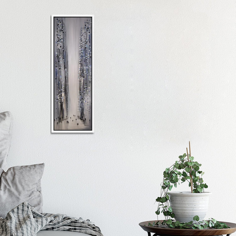 City In Lights by Ekaterina Ermilkina - Panoramic Painting on Canvas, White Framed, 30.48 cm H x 91.44 cm W