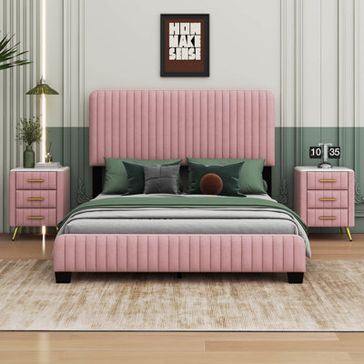 Upholstered Platform Bed with Two Nightstands
