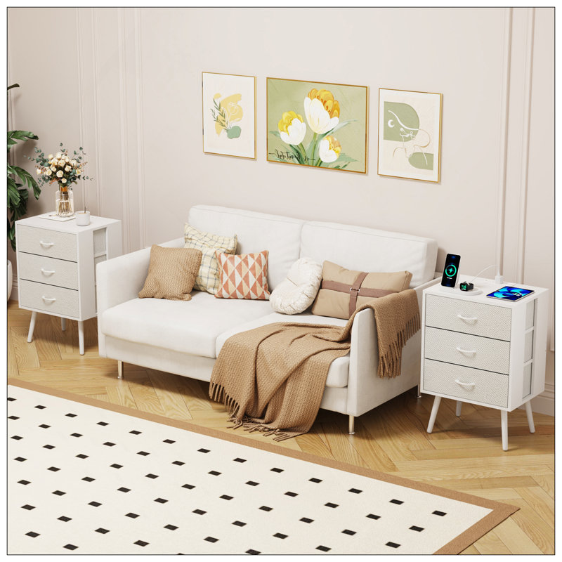 Ensemble de 2 tables de chevet modernes avec station de charge, tables de chevet avec éclairage DEL et tiroirs en tissu pour plus de commodité