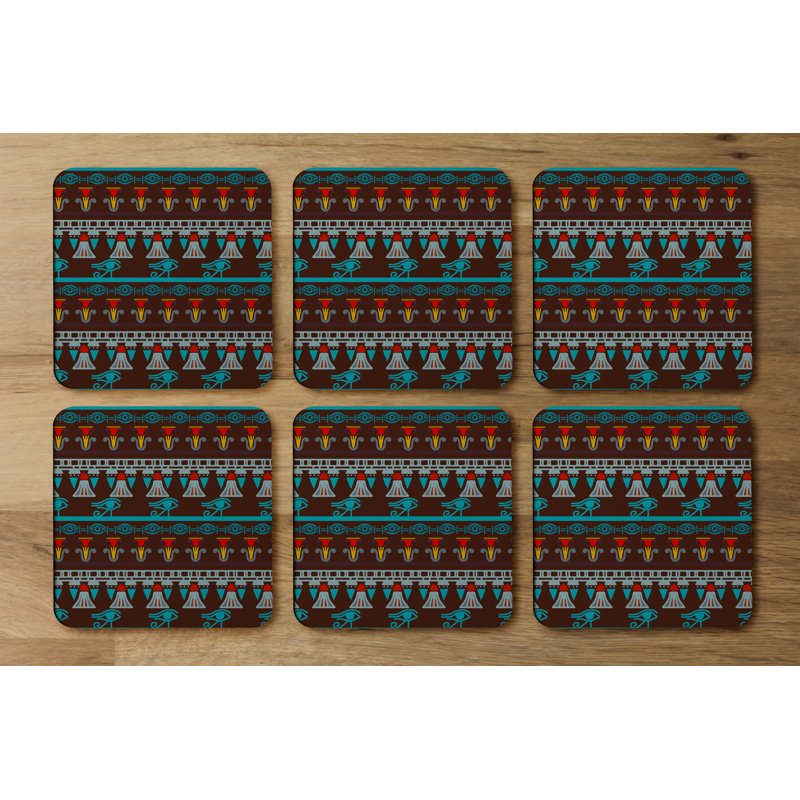 Square 6 Piece Coaster Set, Dark Brown/Blue/Red