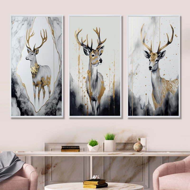 Minimalisme gris et doré cerf I - ensemble de salon art mural cerf 3, H 40 po x l 60 po, Cadre flottant blanc