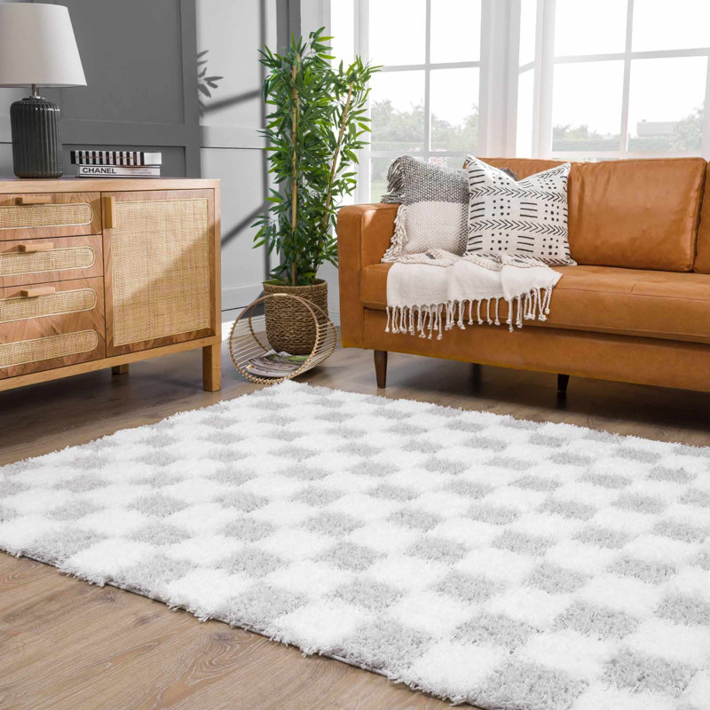 Atiran Checkered Plush Pile Gray Area Rug, Rectangle 5'3" x 7'3"