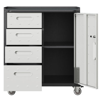 Metal Storage Cabinet With Wheels - Garage, Office, Home. Raised Top, 4 Drawers, Lockable Area. Strong And . Black/Gray Tool 29.47"W X 16.65"D 33.71"H. Caster Wheels, Storage.