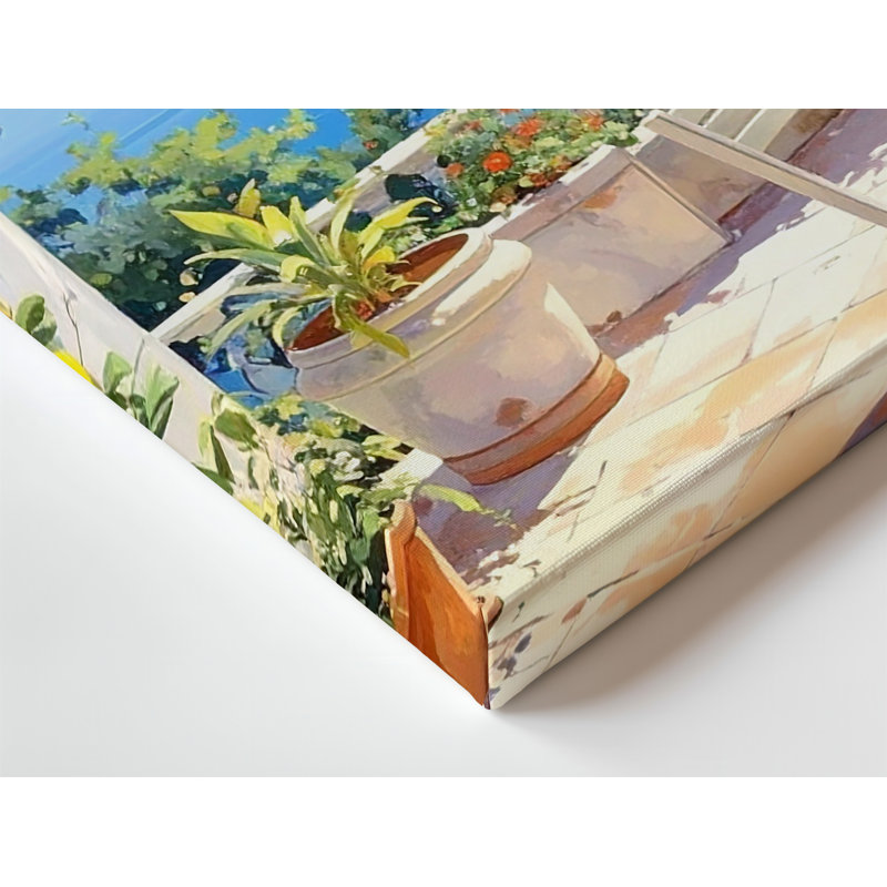 Art mural sur toile, terrasse méditerranéenne ensoleillée, bord de la citronnelle et vue sur la mer, H 20 po x l 30 po