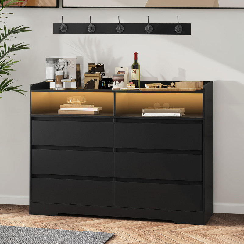 Commode double 51 tiroirs de 51,18 po de largeur avec lumières à DEL RVB, Noir