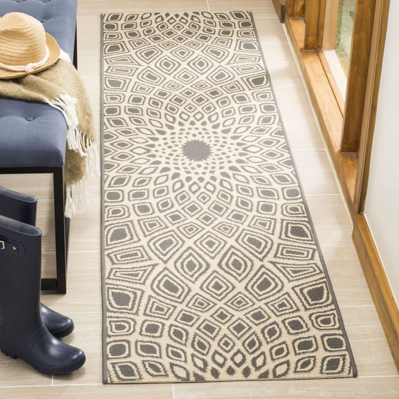Tapis intérieur / extérieur anthracite / beige tissé à la machine à motif géométrique Arneshia