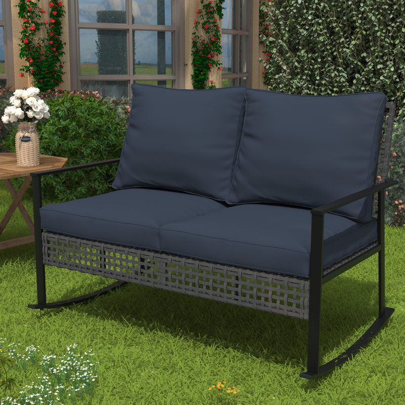 Fauteuil berçant deux places en osier d'extérieur, chaise berçante de patio en rotin avec coussins, Bleu