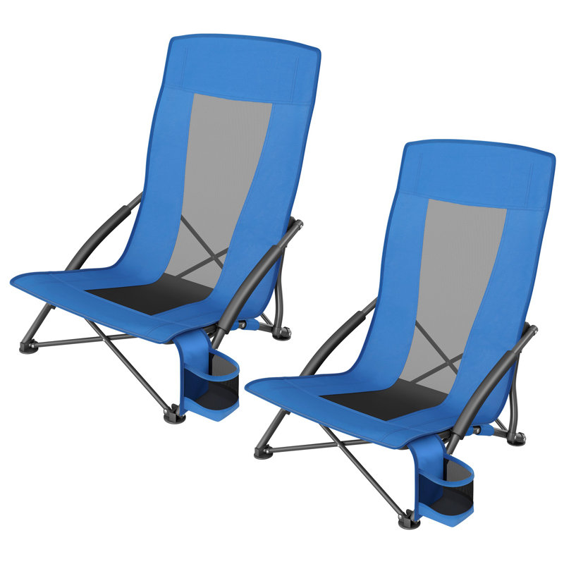Set Of 2 Portable Beach Chairs For Adults, Max. Load 330 Lb Each, High Backrest, Cup Holder, Lightweight, Heavy-Duty, Blue
