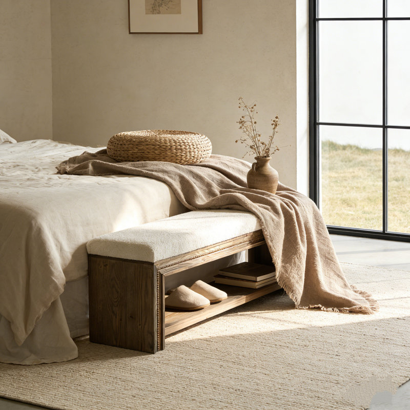 Banc rembourré en bois de 55 pouces avec rangement, banc de bout rustique avec coussin en peluche pour chambre à coucher 