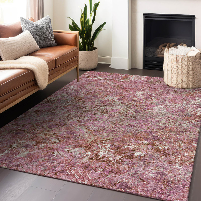 Tapis rose Prisco lavable à la machine de qualité supérieure, Rectangle 5 pi x 7 pi 6 po