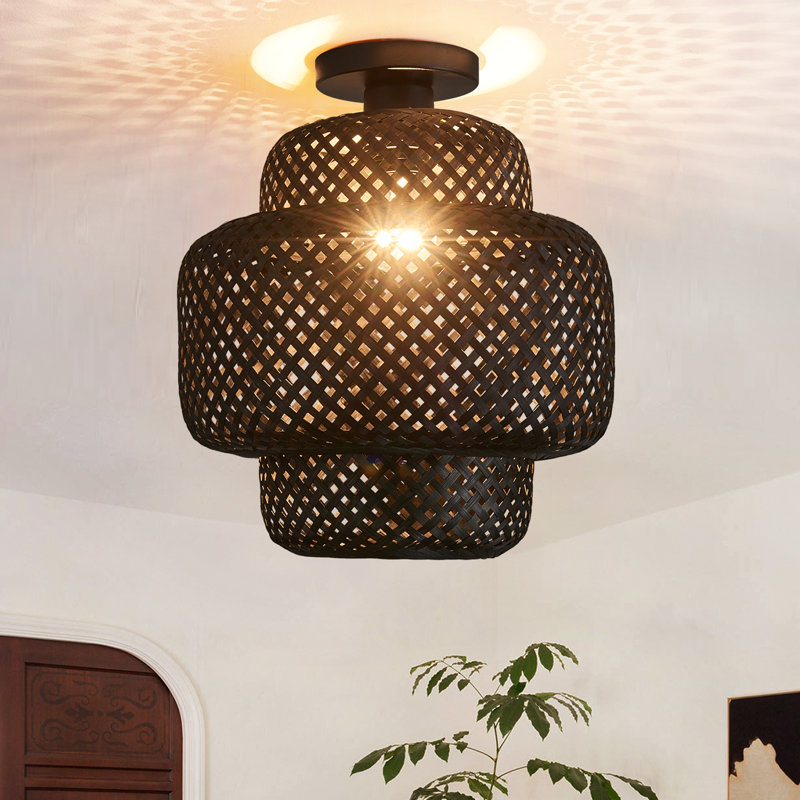 Eilean Hand-Woven Rattan Semi Flush Mount Ceiling Light, Boho Light Fixtures Ceiling Mount, Bamboo Light Fixture With Basket LampShade, Natural Rattan Light Fixtures Boho Chandelier for Farmhouse Bedroom