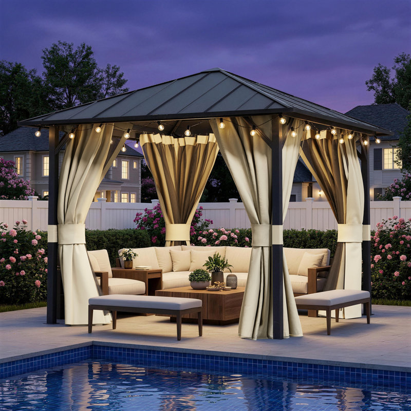  10 Ft. W X 10 Ft. D Hardtop Gazebo with Curtains, Outdoor Patio Gazebo with Privacy Curtains, Backyard Shelter for Deck, Poolside and Entertaining